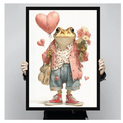 Frog with heart balloons and flowers black framed canvas held by a person for a closer view.