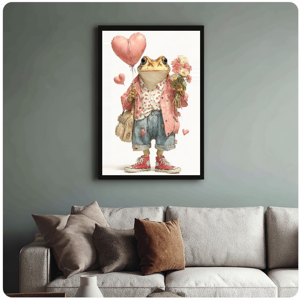 Frog with heart balloons and flowers black framed canvas above a light sofa in a living room.