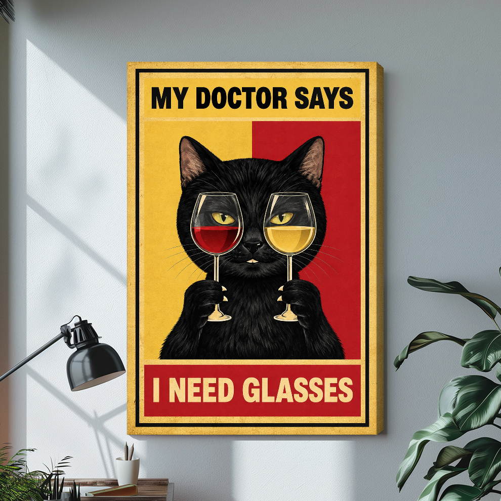 Wine cat artwork with gold border stretched canvas with visible wrapped edge beside a lamp.