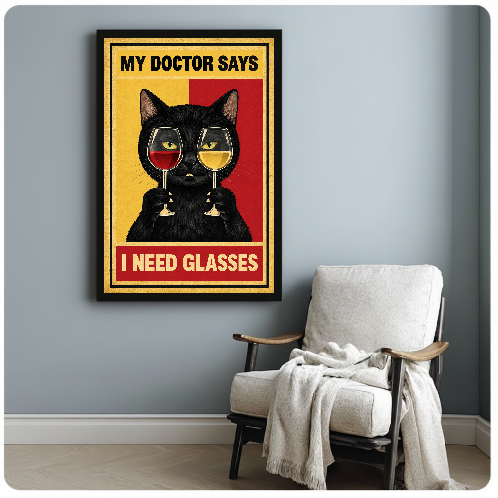 Wine cat artwork with gold border black framed canvas beside a light armchair in a reading corner.