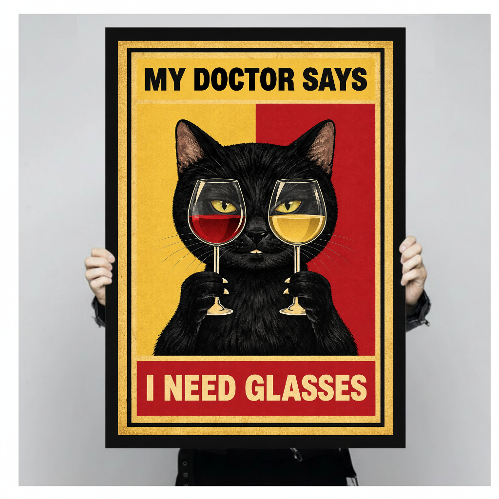 Wine cat artwork with gold border black framed canvas held by a person for a closer view.