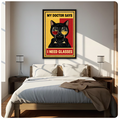 Wine cat artwork with gold border framed canvas displayed above a bed in a neutral bedroom.