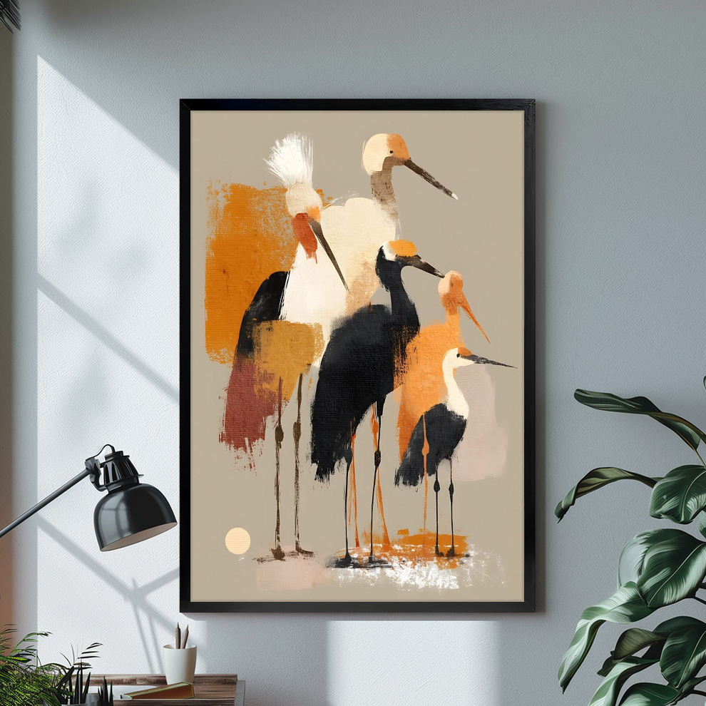 Abstract ochre shorebirds black framed canvas beside a desk lamp and green plant.