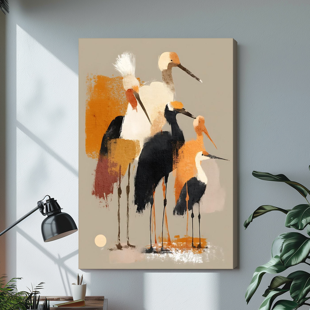 Abstract ochre shorebirds stretched canvas with visible wrapped edge beside a lamp.