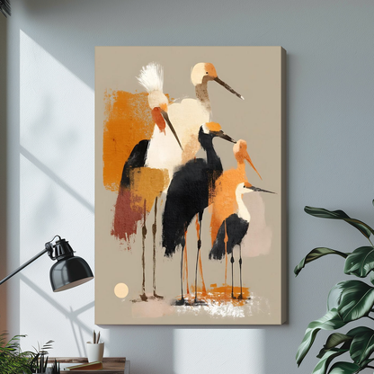 Abstract ochre shorebirds stretched canvas with visible wrapped edge beside a lamp.