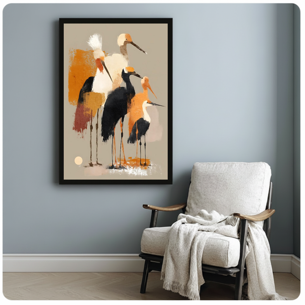 Abstract ochre shorebirds black framed canvas beside a light armchair in a reading corner.