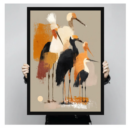 Abstract ochre shorebirds black framed canvas held by a person for a closer view.