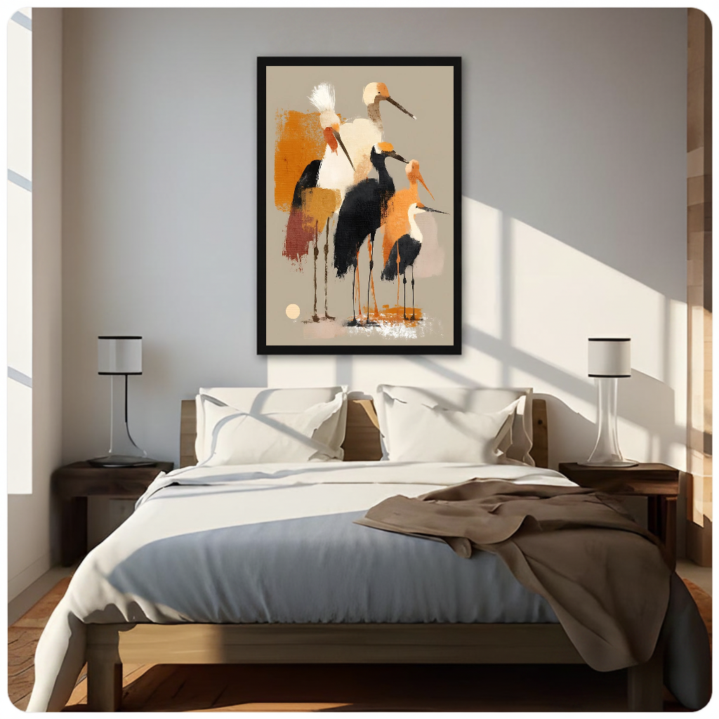 Abstract ochre shorebirds framed canvas displayed above a bed in a neutral bedroom.