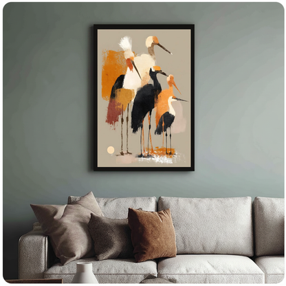 Abstract ochre shorebirds black framed canvas above a light sofa in a living room.