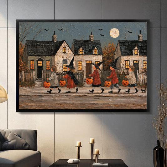 Halloween village parade black framed canvas displayed in a neutral living room.