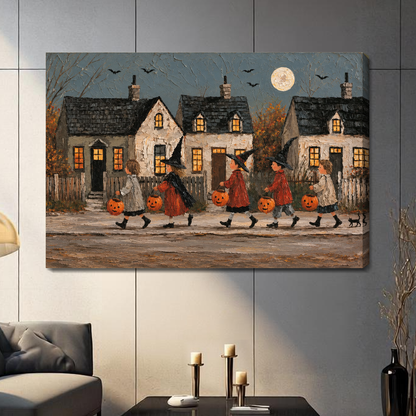 Halloween village parade stretched canvas with visible wrapped edge in a neutral room.
