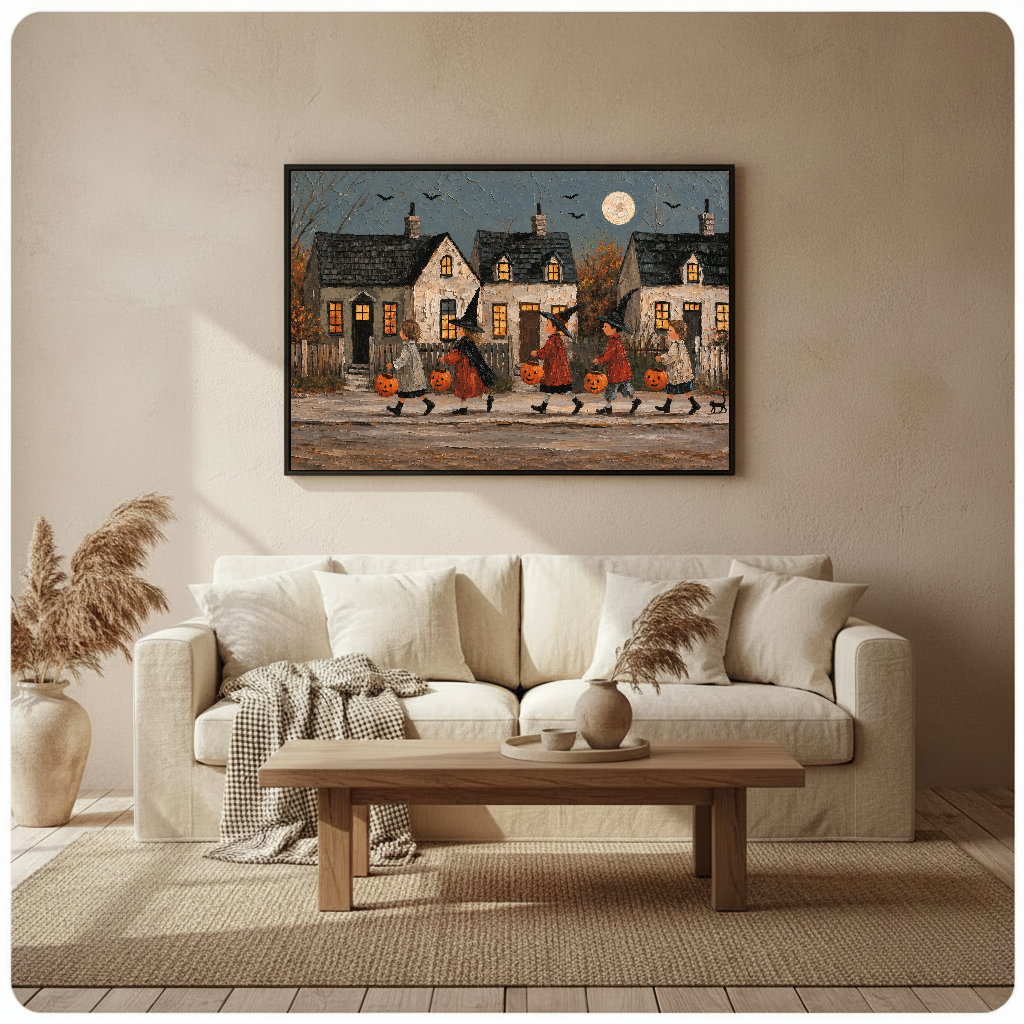 Halloween village parade framed canvas above a light sofa in a cozy living room.