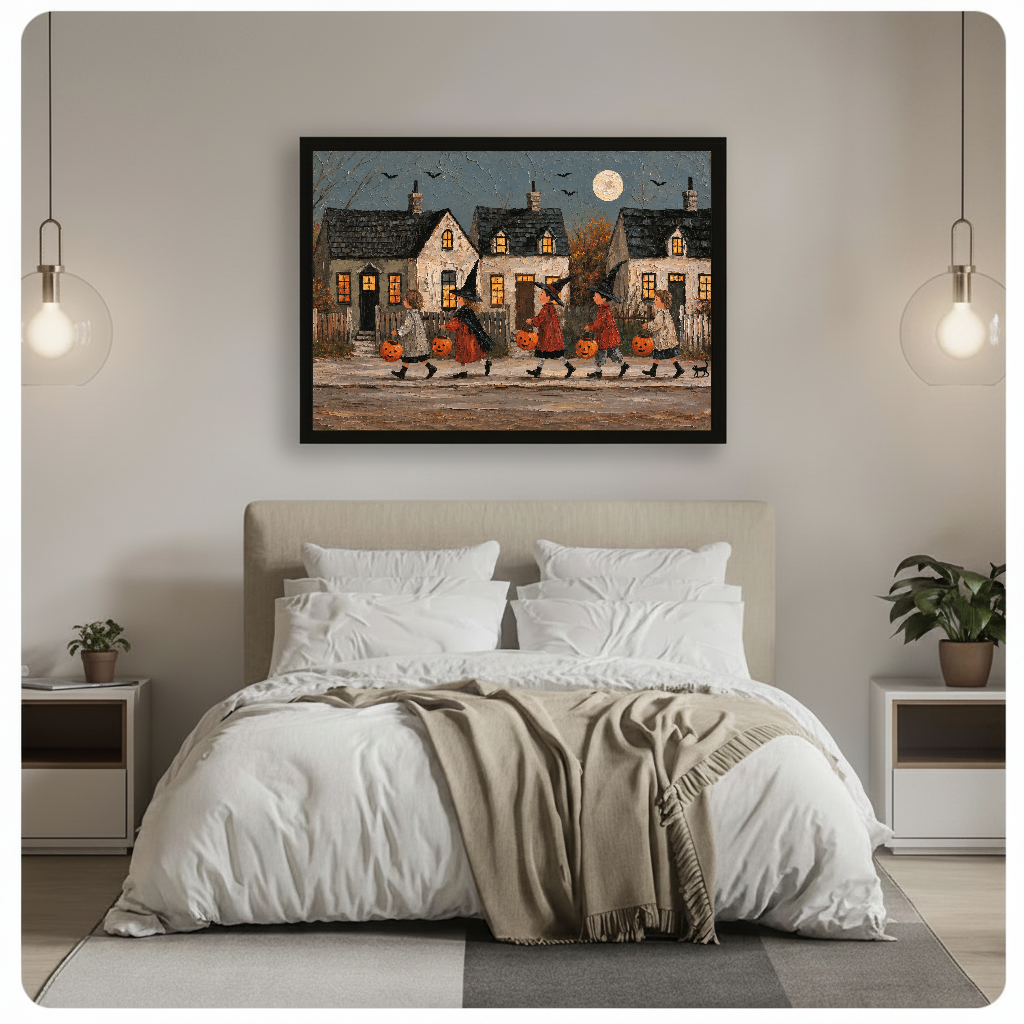 Halloween village parade framed canvas displayed above a bed in a neutral bedroom.