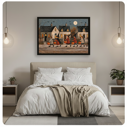 Halloween village parade framed canvas displayed above a bed in a neutral bedroom.
