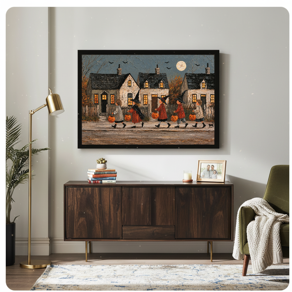 Halloween village parade framed canvas above a wooden cabinet in a living room.
