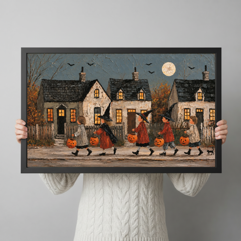 Halloween village parade black framed canvas held by a person for a closer view.