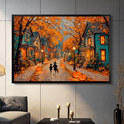 Autumn halloween street black framed canvas displayed in a neutral living room.