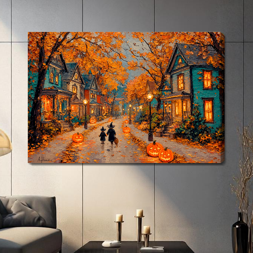 Autumn halloween street stretched canvas with visible wrapped edge in a neutral room.