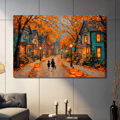 Autumn halloween street stretched canvas with visible wrapped edge in a neutral room.