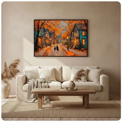 Autumn halloween street framed canvas above a light sofa in a cozy living room.