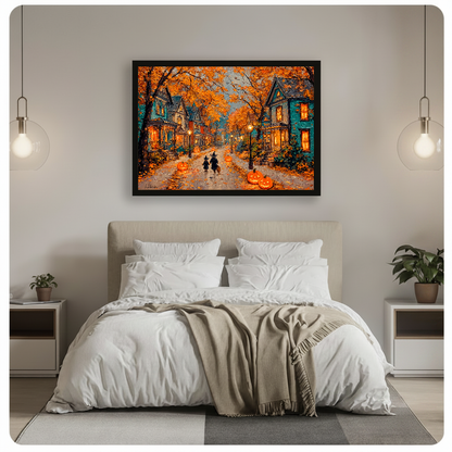 Autumn halloween street framed canvas displayed above a bed in a neutral bedroom.