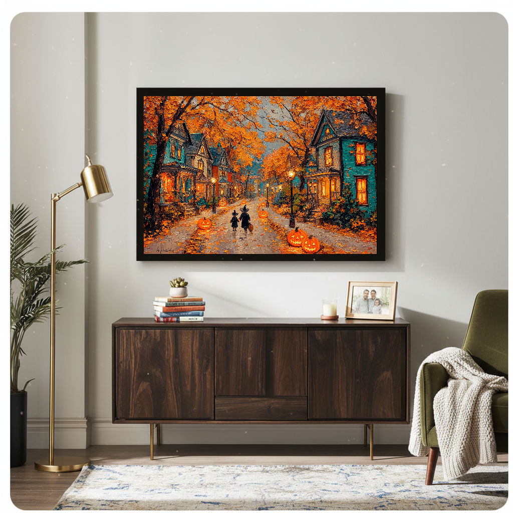 Autumn halloween street framed canvas above a wooden cabinet in a living room.