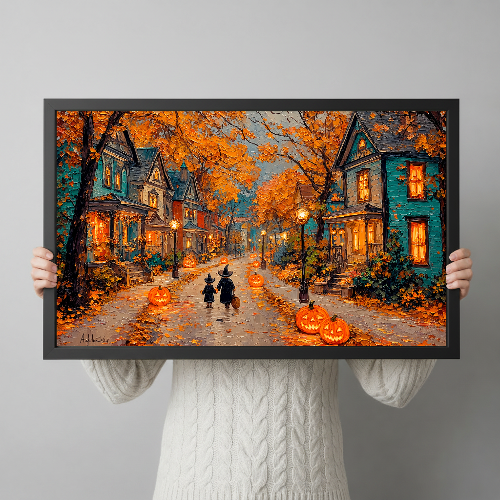 Autumn halloween street black framed canvas held by a person for a closer view.