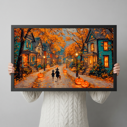 Autumn halloween street black framed canvas held by a person for a closer view.