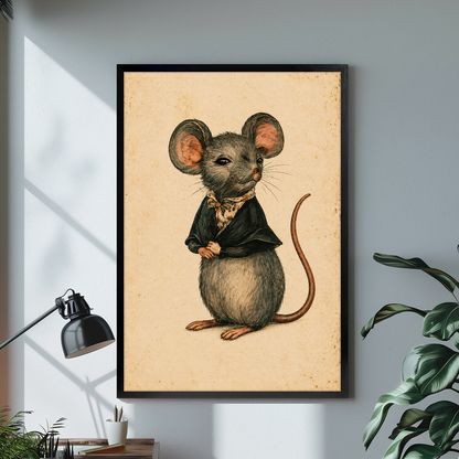 Vintage dressed mouse black framed canvas beside a desk lamp and green plant.