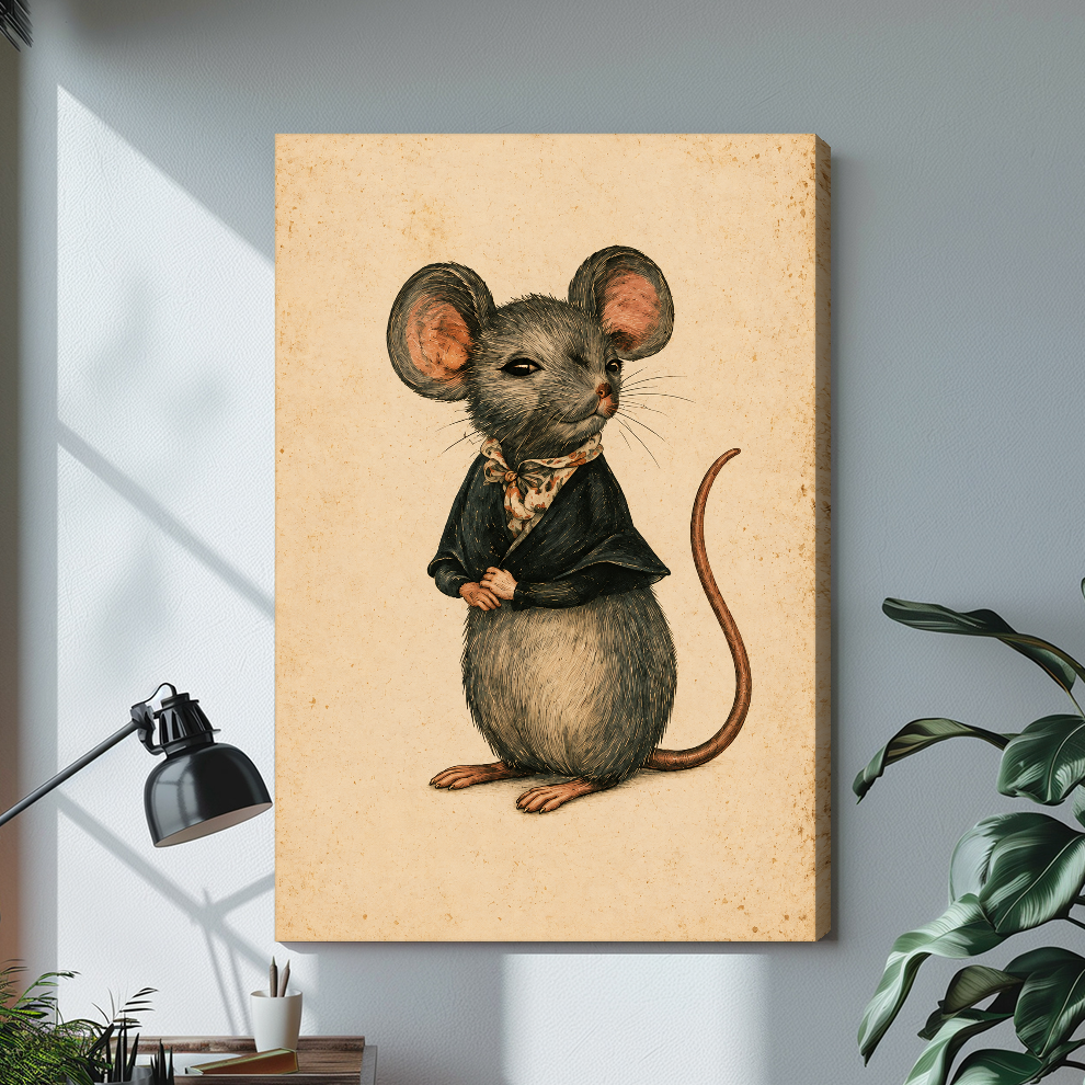 Vintage dressed mouse stretched canvas with visible wrapped edge beside a lamp.