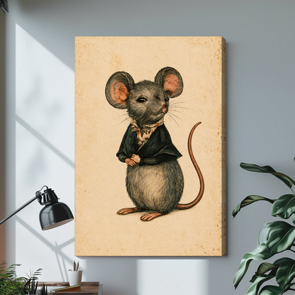 Vintage dressed mouse stretched canvas with visible wrapped edge beside a lamp.