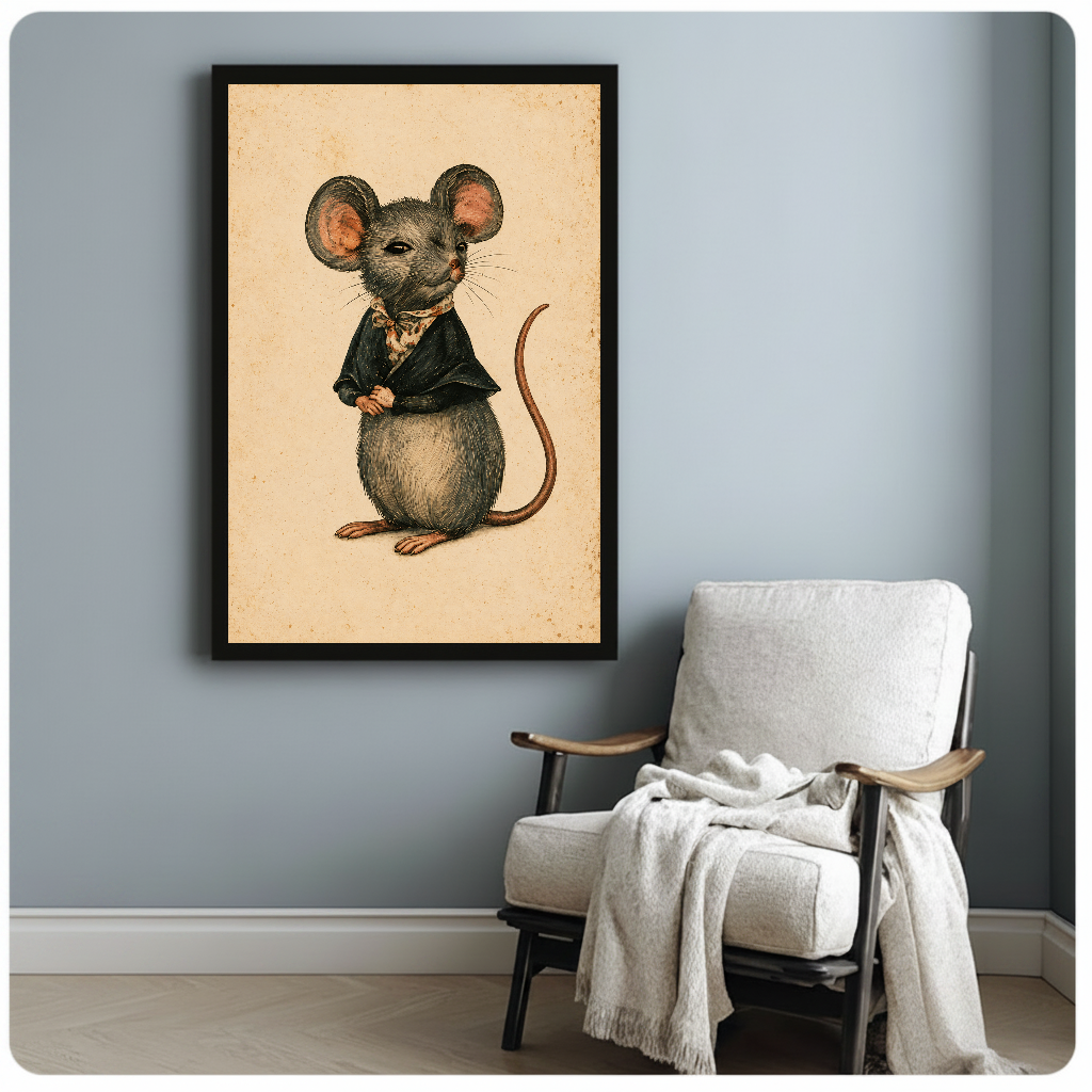 Vintage dressed mouse black framed canvas beside a light armchair in a reading corner.