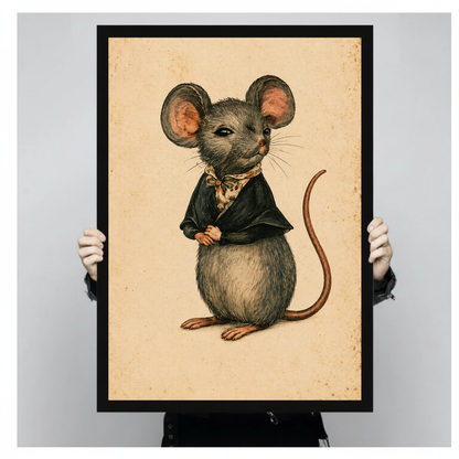 Vintage dressed mouse black framed canvas held by a person for a closer view.