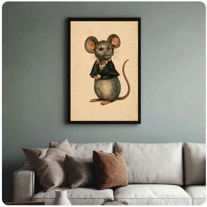 Vintage dressed mouse black framed canvas above a light sofa in a living room.