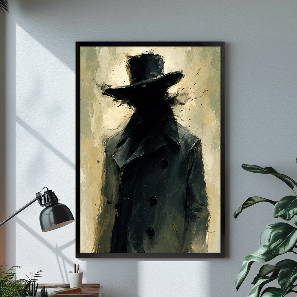 Mysterious black top hat portrait in a black frame beside a desk lamp and green plants.