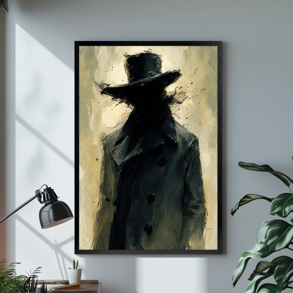 Mysterious black top hat portrait in a black frame beside a desk lamp and green plants.