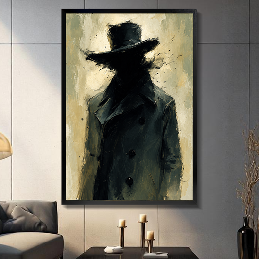 Mysterious Top Hat Portrait Canvas Art W10016 — Framed canvas; warm gray living room