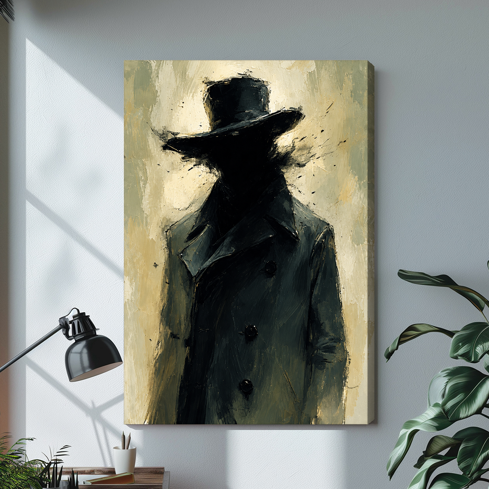 Expressive top hat silhouette on stretched canvas with visible side depth against a softly lit wall.