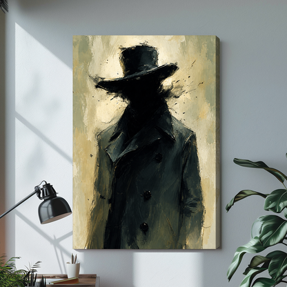 Expressive top hat silhouette on stretched canvas with visible side depth against a softly lit wall.