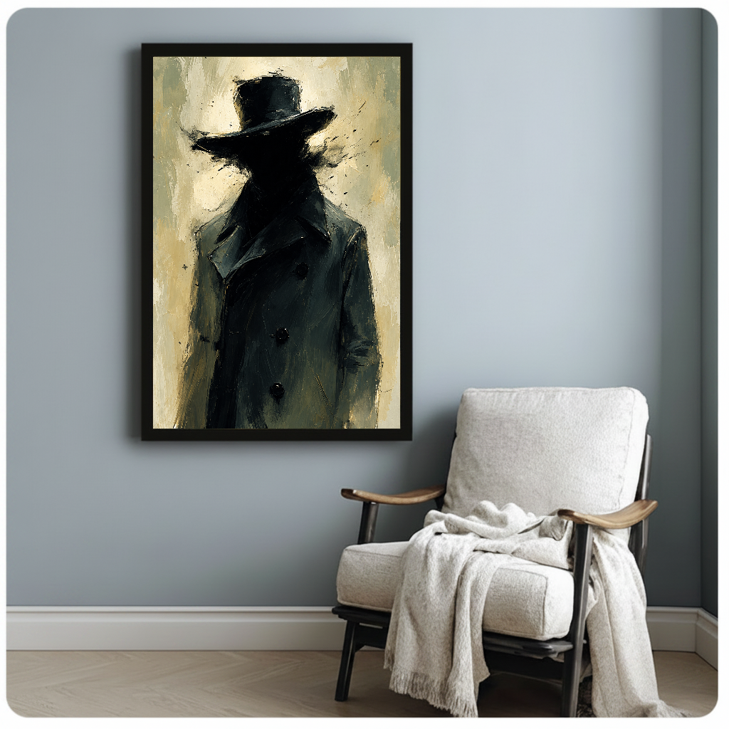 Black framed top hat portrait hanging above a white reading chair on a muted gray wall.