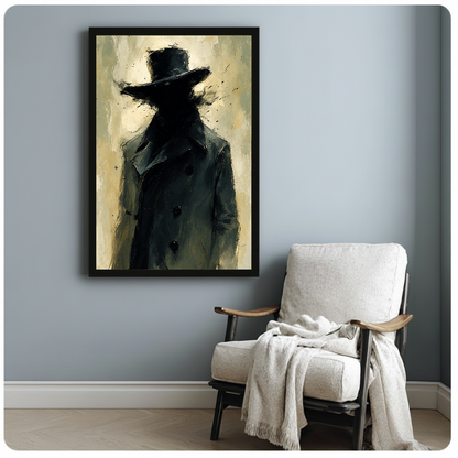 Black framed top hat portrait hanging above a white reading chair on a muted gray wall.