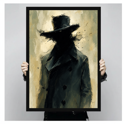 A person holding the framed top hat portrait with its sage background and expressive dark brushwork.