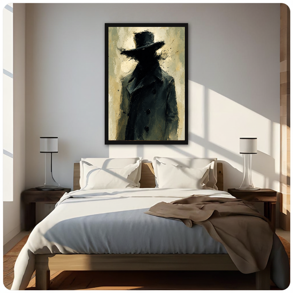 Top hat portrait displayed in a black frame above a bed with neutral pillows and matching lamps.