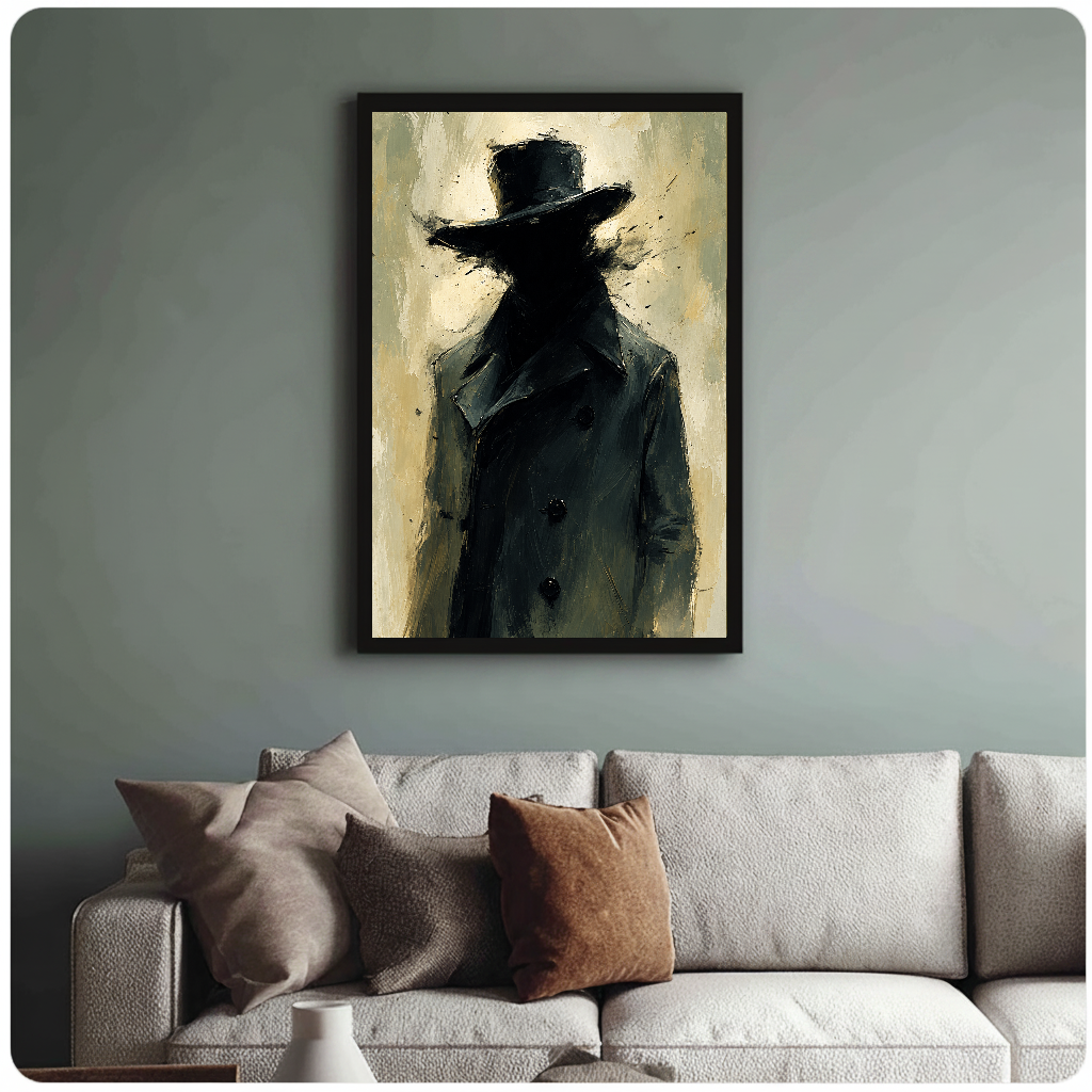 Moody black top hat portrait above a light sofa with neutral cushions in a sunlit living room.