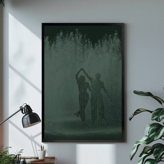 Dancing couple in green fountain spray displayed in black framed canvas beside a lamp.