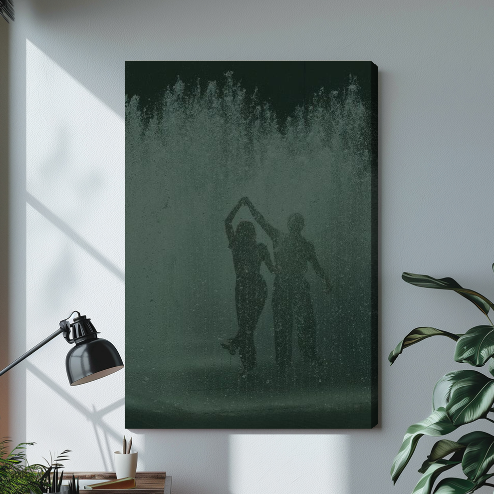 Dancing couple in green fountain spray on stretched canvas with a visible wrapped edge.