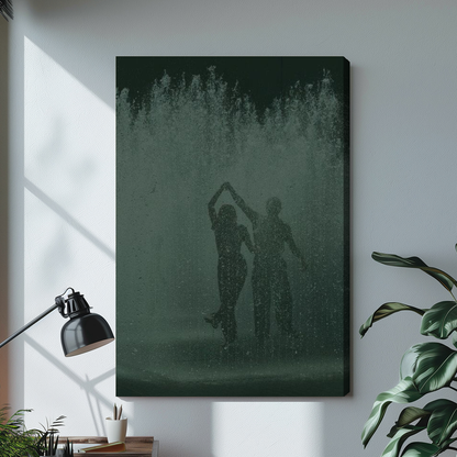 Dancing couple in green fountain spray on stretched canvas with a visible wrapped edge.