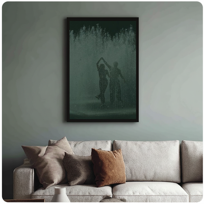 Dancing couple in green fountain spray in framed canvas above a light living room sofa.