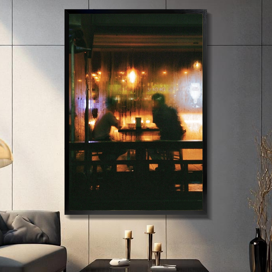 Rainy Cafe Canvas Art W10018 — Framed canvas; warm gray living room