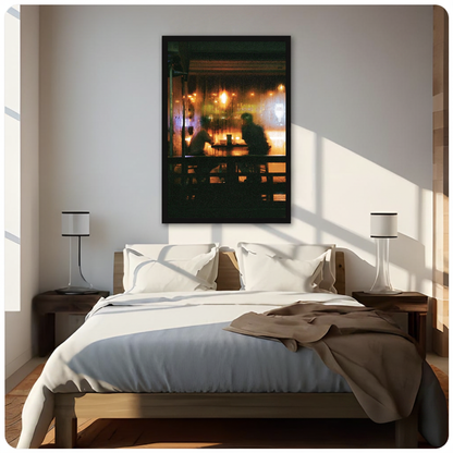 Warm cafe silhouettes behind a rainy window displayed as framed canvas above a neutral bed.